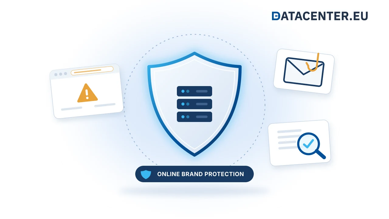 A glowing blue shield around a server rack. Outside it float a fake web page with a warning sign, an email caught on a fishing hook, and a magnifier checking a page.