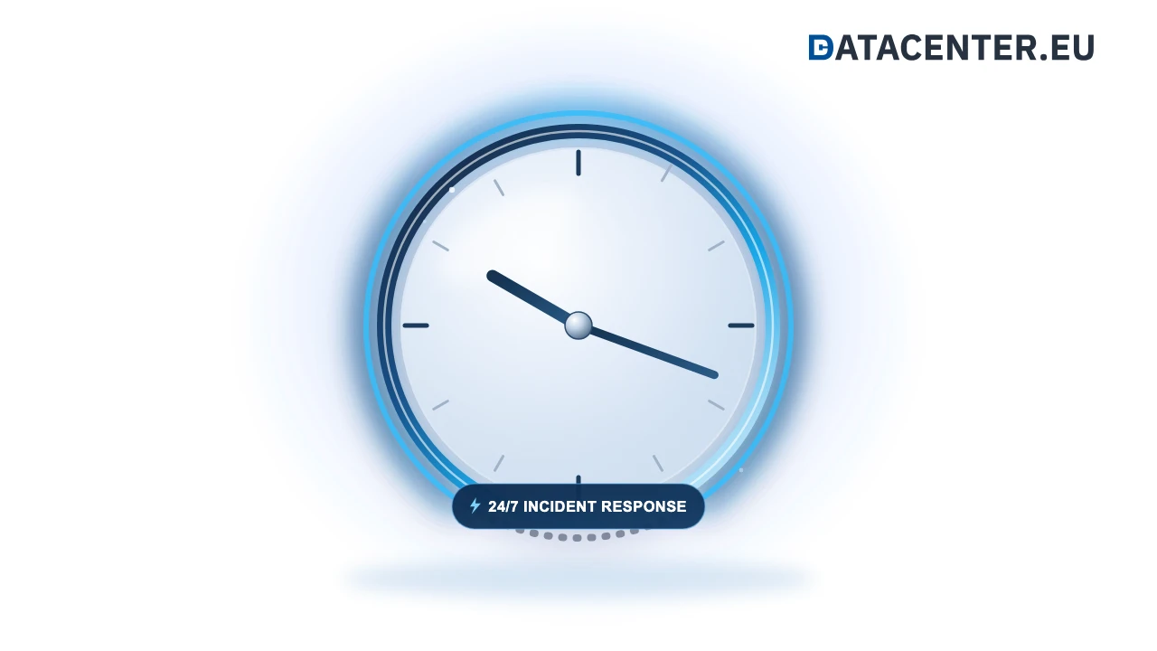 A glowing glass clock with an extended blue arc around most of its face and a dark badge reading 24/7 incident response, next to the Datacenter.eu logo